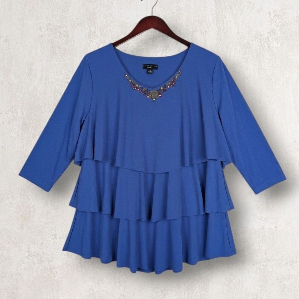 SUSAN GRAVER Layered Tiered Ruffle Beaded Jewel Liquid Knit Top - 1X